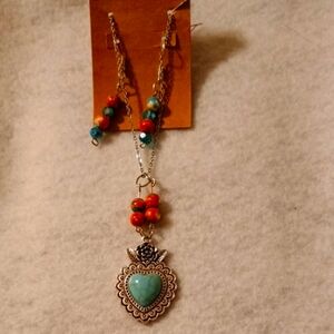 Silver Heart Pendant Necklace with Turquoise and Orange Beads